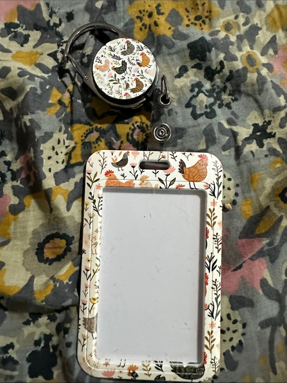 Floral Chicken ID Badge Holder with Matching Reel — White, Orange, Black, Pink